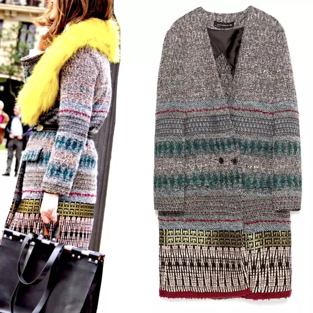 ZARA LONG PRINTED KNITTED TWEED WOOL BLEND JACQUARD COAT JACKET BLAZER M NEW